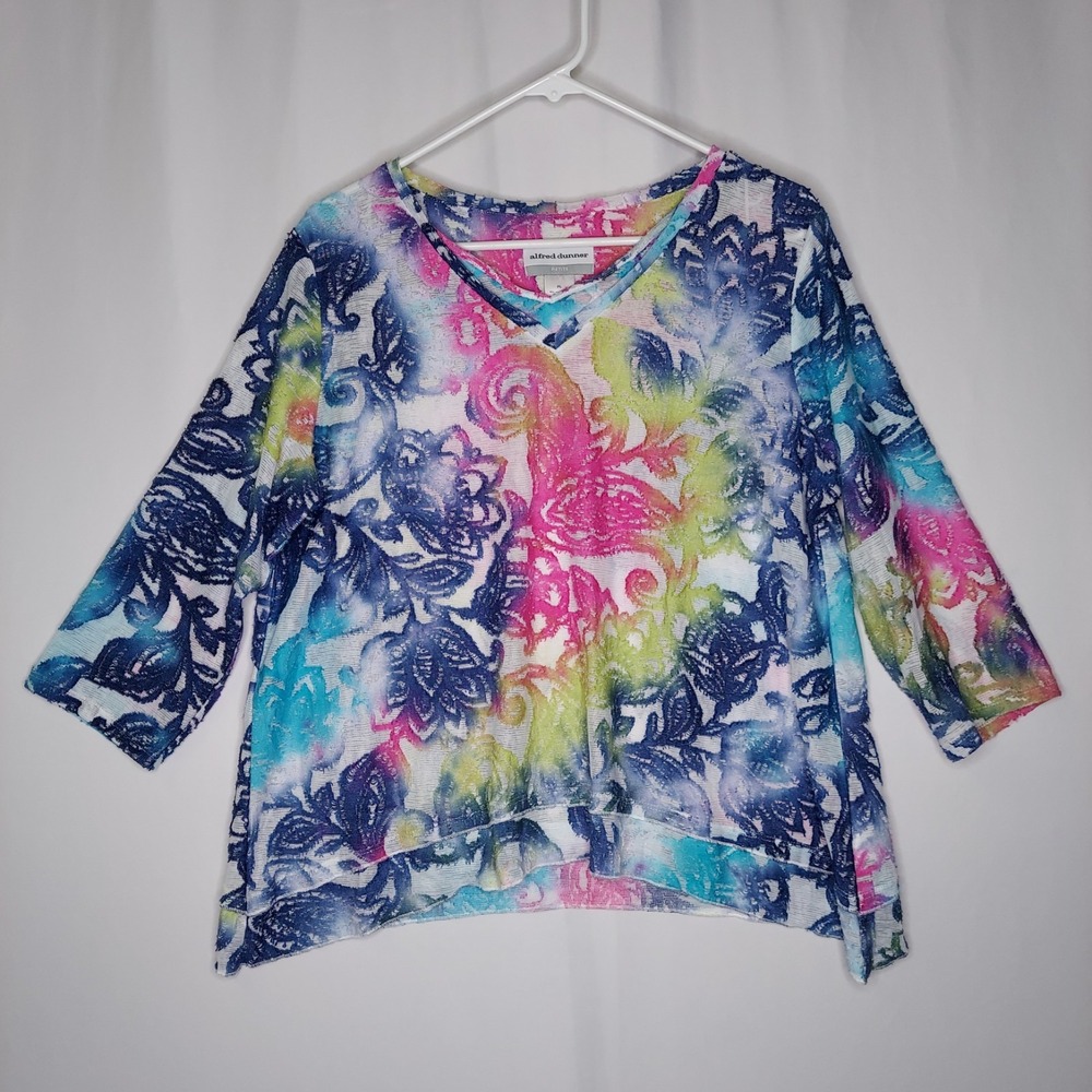 Alfred Dunner Vtg Top Women Petite LP Fringe-Textured 3/4 Blue Pink Paisley 90s